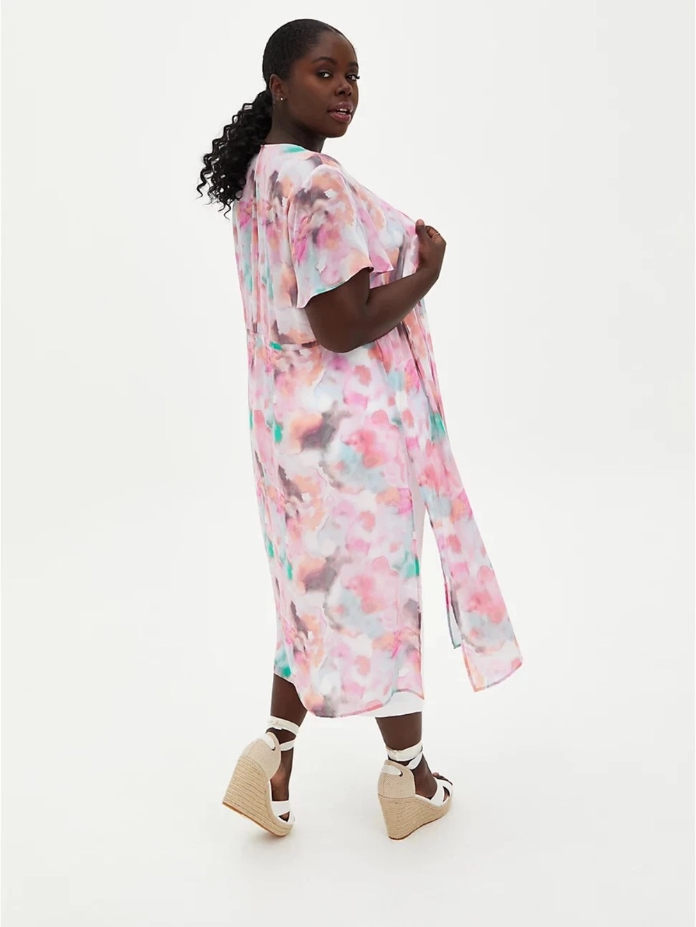 TORRID 00 Multi Watercolor Tie-Front  Duster Kimono Flutter